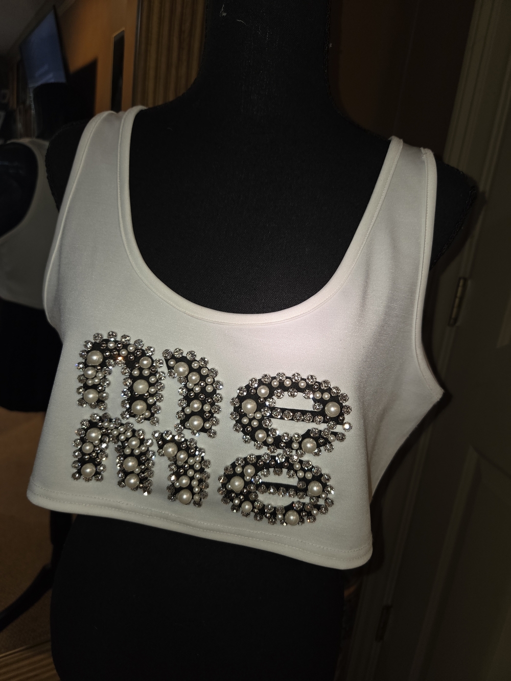 AKIRA White Cropped Tank Top with Pearl & Rhinestone 'ME' Embellishment